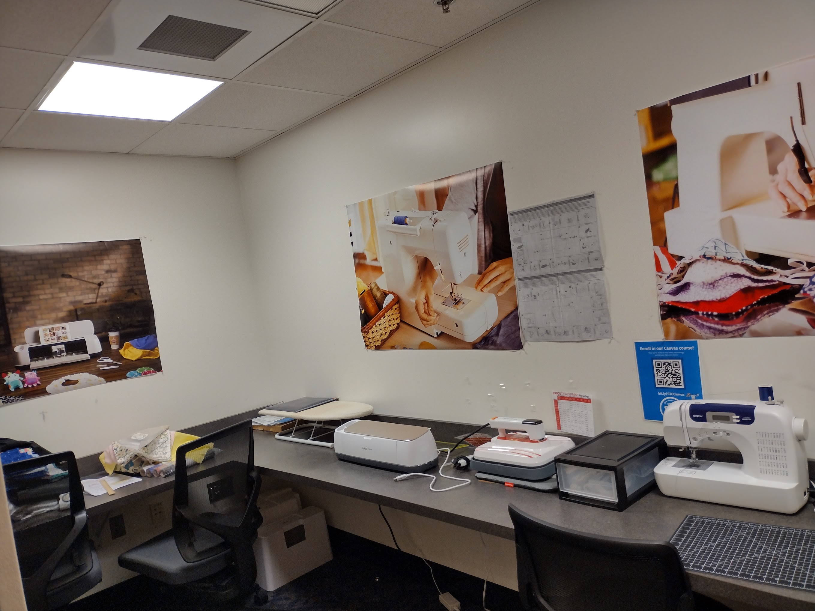 Photo of inside the sewing room at the STC with equipment on the working desk 