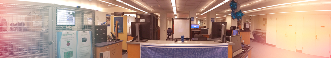 Reception desk at the Student Technology Center, with computers, printers and other equipment available for use