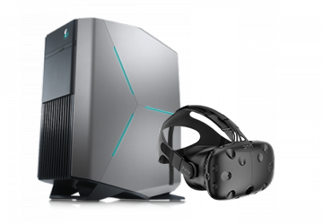 Alienware Aurora PC, featuring blue lights and a geometric case, and the HTC Vive VR headset