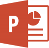 Powerpoint logo, a P on front of a red folder with a graph inside