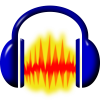 Audacity logo, yellow soundwaves between blue headphones